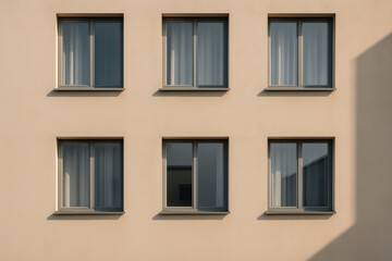 Modern beige apartment building facade featuring six symmetrical windows in soft daylight with geometric shadows