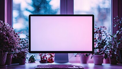 Computer monitor on a windowsill surrounded by plants