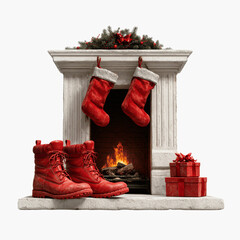 Christmas Fireplace Scene with Red Boots and Presents