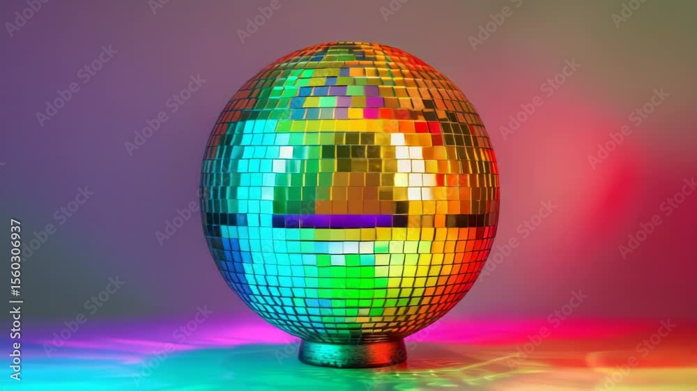 Poster a shiny disco ball sits on a table, ready for use in your party or event