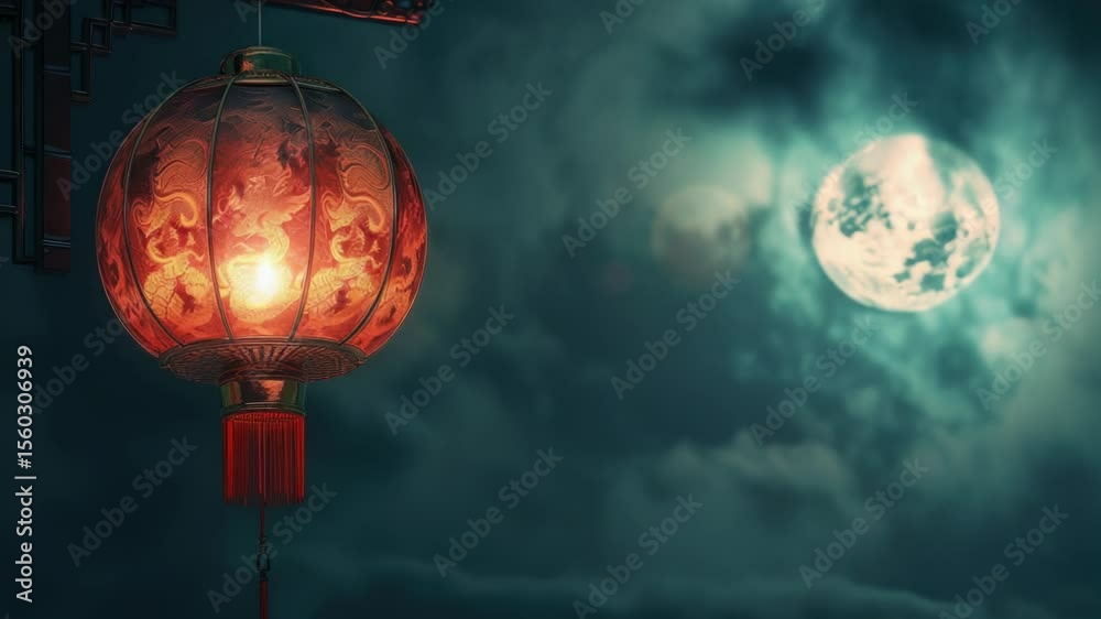 Poster a red lantern hangs from the side of a building at night, with a full moon shining brightly in the b
