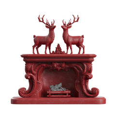 Festive Red Fireplace Mantelpiece with Reindeer Statues