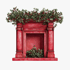 Festive Red Fireplace Mantel with Holly and Berries Decor