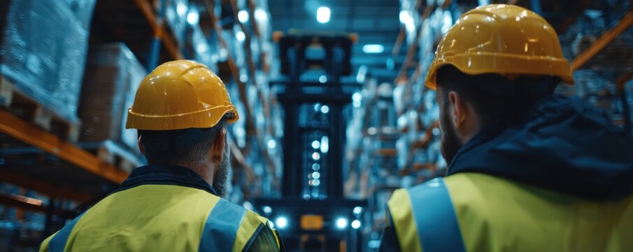 Two warehouse workers in hard hats observe a forklift operating in a busy industrial setting.