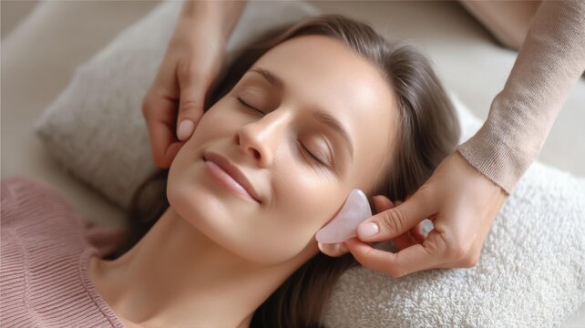female doing massage with gua sha tool