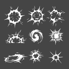 Cloud bomb smoke explossion cartoon illustration vector collection set element, silhouette, clip art, splash editable