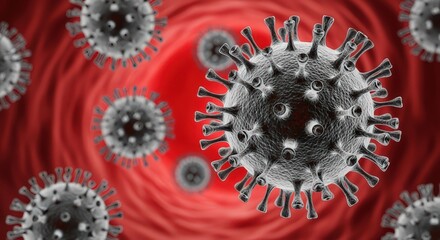 Microscopic Grey Virus Cells Floating in Red Body Tube Digital Scientific Illustration