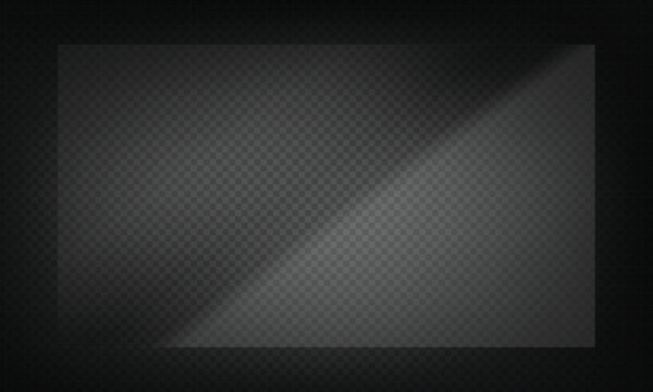 Folha de acr&iacute;lico transparente e brilhante. Painel de pl&aacute;stico transparente. Brilhos e reflexos realistas em uma superf&iacute;cie transparente. Ideal para exibir objetos ou designs. Ilustra&ccedil;&atilde;o vetorial.