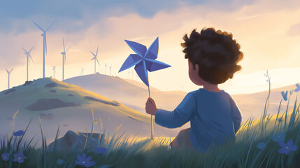 Child holds blue pinwheel while watching wind turbines spin in warm golden hour light. Scenic hillside setting symbolizes future generations and sustainable energy
