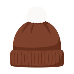 Cozy Brown Knitted Beanie Hat with Pom Pom Flat Design Vector Illustration - Winter Headwear Graphic