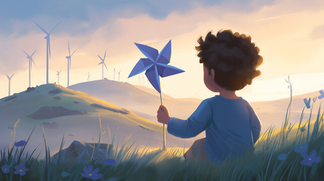Child holds blue pinwheel while watching wind turbines spin in warm golden hour light. Scenic hillside setting symbolizes future generations and sustainable energy