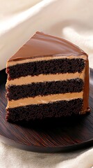 chocolate cake slice under moody cinematic lighting on dark wooden plate placed on a textured linen cloth
