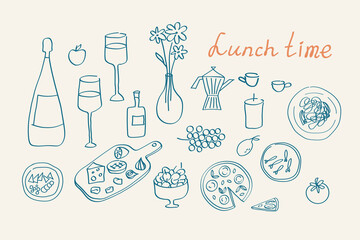 Mediterranean Italian cuisine outline sketch. Hand drawn ink trendy doodle with rustic food, wine, vegetable, herb, fish, oil, pasta, pizza on ornate for lunchtime table. Design for branding, menu 