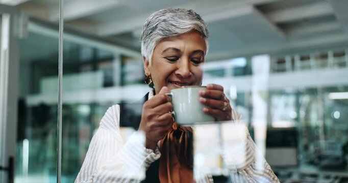 Thinking, coffee and business woman in office by glass for inspiration, ideas and solution. Professional, corporate and mature worker with beverage on break for planning, positive mindset and relax