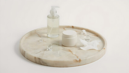 White Marble Tray with Skincare Products on White Background