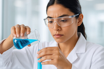 Focused female scientist wearing safety goggles pouring blue chemical liquid into test tube during laboratory experiment