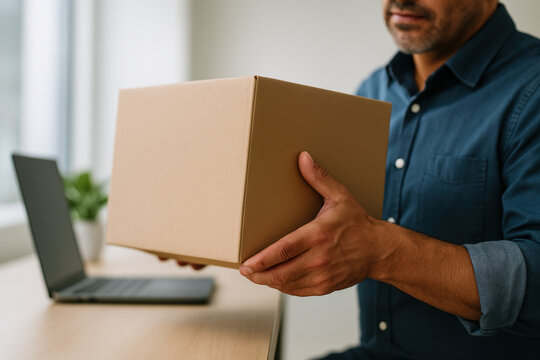 Man receiving a cardboard package at home while working on a laptop, demonstrating efficient modern delivery and remote business solutions