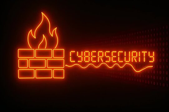 Cybersecurity Firewall Illustration with Neon Red Glowing Effect and Binary Code Background &ndash; Visual Concept for Network Protection, Online Security, Data Defense, and Information Safety