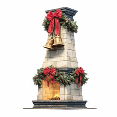 Festive Christmas Fireplace with Garland, Bows, and Bells