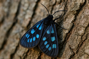 Vivid blue spotted black moth resting on textured tree bark with detailed wings and contrasting natural brown rough surface