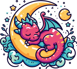 Cute Sleeping Dragon on Crescent Moon