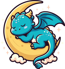 Cute Sleeping Dragon on Crescent Moon
