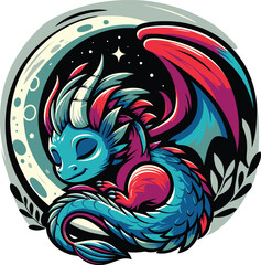 Cute Sleeping Dragon on Crescent Moon