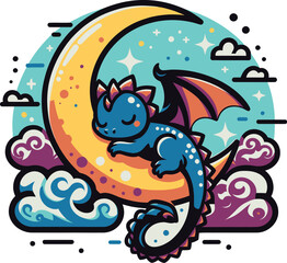 Cute Sleeping Dragon on Crescent Moon