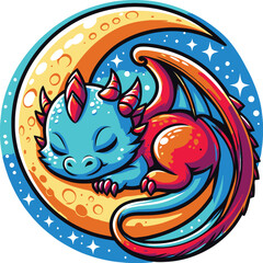 Cute Sleeping Dragon on Crescent Moon