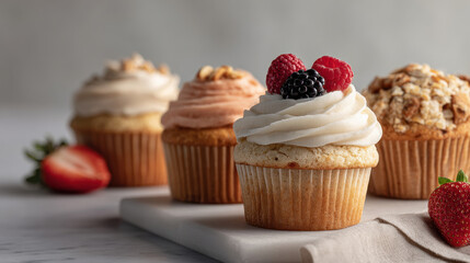beautiful arrangement of glutenfree cupcakes and muffins on clean background
