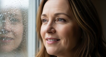 Thoughtful Middle Aged Woman Looking Out Rainy Window with Soft Smile and Reflective Expression