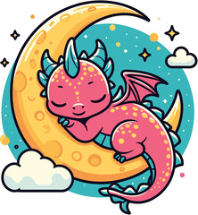 Cute Sleeping Dragon on Crescent Moon