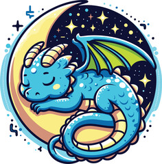 Cute Sleeping Dragon on Crescent Moon