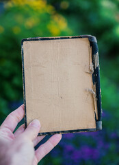 Hand of woman holds the vintage empty paper on green leaves background