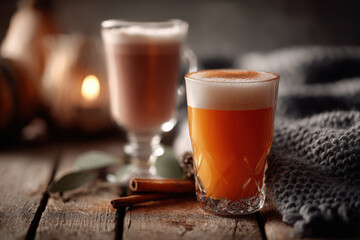 warm and inviting scene featuring traditional autumn drinks like spiced cider and pumpkin latte on rustic wooden