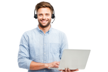 Friendly male customer support agent wearing headset and holding laptop isolated on transparent background