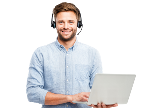 Friendly male customer support agent wearing headset and holding laptop isolated on transparent background