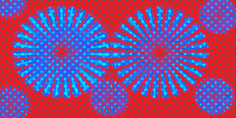Vibrant blue abstract firework pattern on red background with dotted texture.