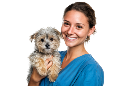 Smiling female veterinarian holding cute small dog isolated on transparent background