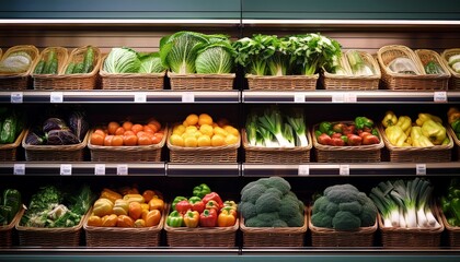 fresh vegetables on shelves in modern supermarket aisle