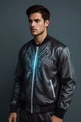 Fototapeta premium Young Man in Black Bomber Jacket with Blue Design