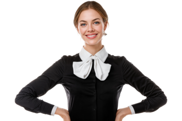 Smiling female flight attendant in blue uniform isolated on transparent background