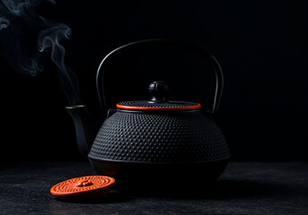 Moody Still Life of Black Cast Iron Teapot with Orange Handle and Rising Steam on Dark Background
