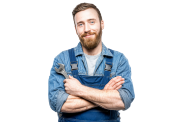 Smiling male mechanic in blue overalls holding wrench with arms crossed standing confidently isolated on transparent background