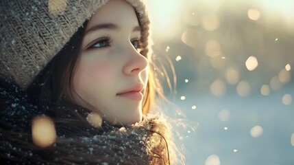 Winter Serenity Soft Portrait of Young Woman in Knitted Hood with Snowflakes and Bokeh Light