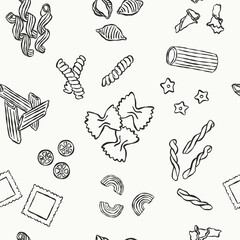 Seamless vector pattern with various pasta shapes in hand-drawn black and white line art. 