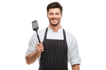 Smiling male chef in uniform and striped apron holding spatula while posing confidently isolated on transparent background