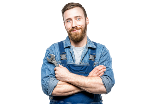 Smiling male mechanic in blue overalls holding wrench with arms crossed standing confidently isolated on transparent background
