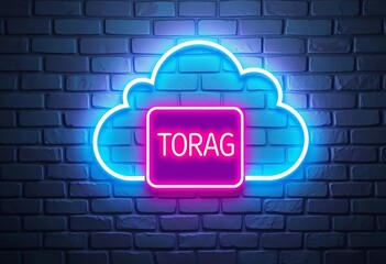 Neon cloud storage label on brick wall, smartphone database, big data concept,  phone,  abstract