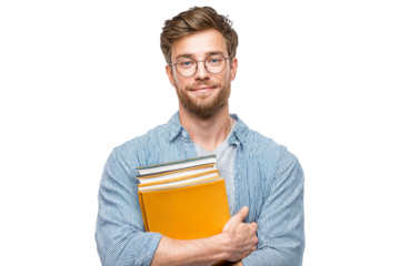 Smiling young man with glasses holding folders and documents isolated on transparent background